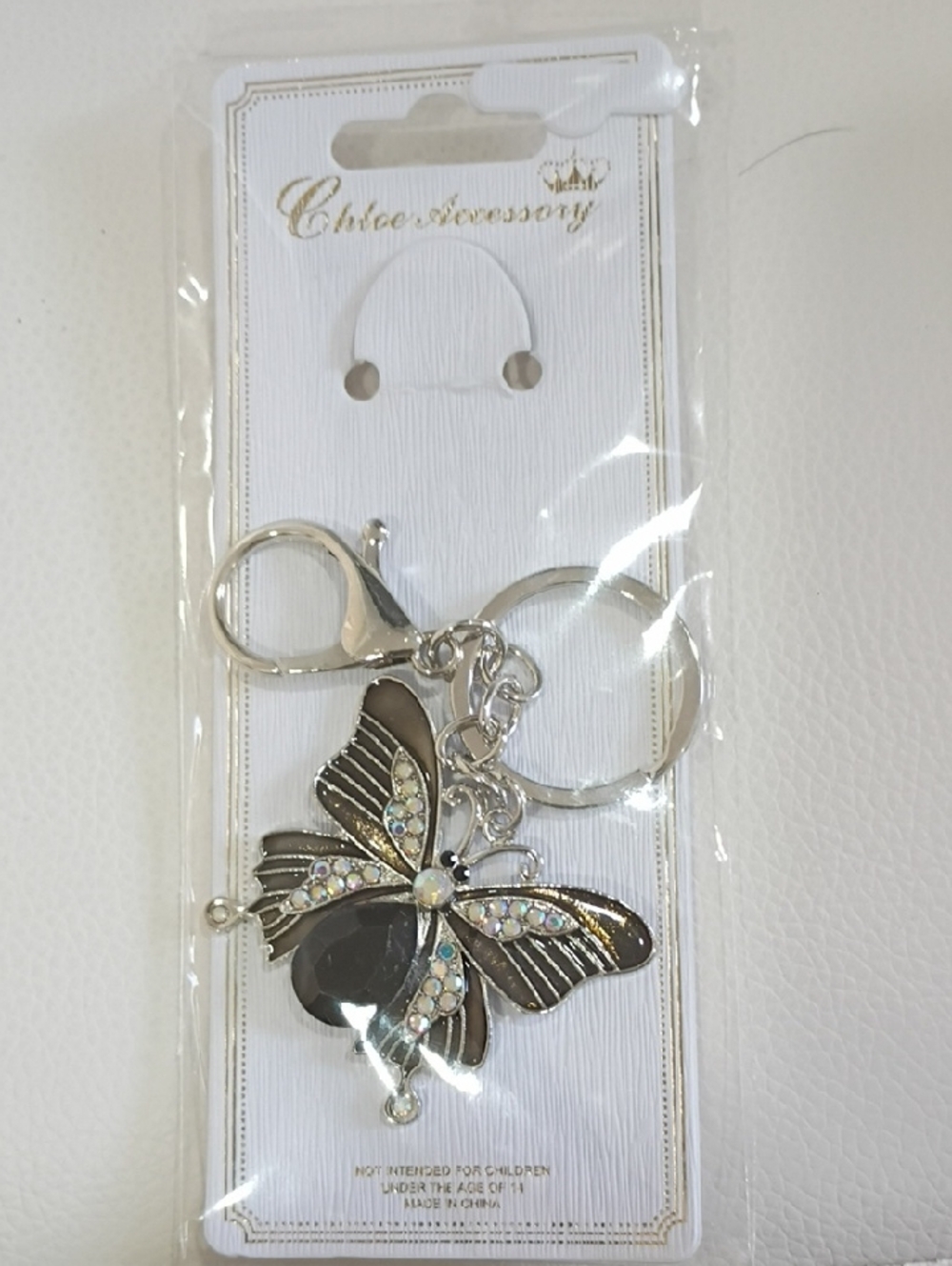 Silver And Black Butterfly Bag Charm/Keychain with Crystals